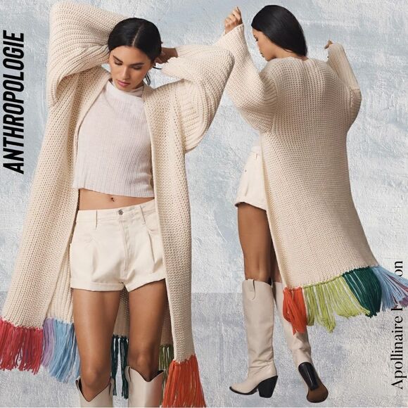 ANTHROPOLOGIE CARDI DUSTER MULTI COLORED FRINGED IN CREME NWOT OS - Picture 1 of 7